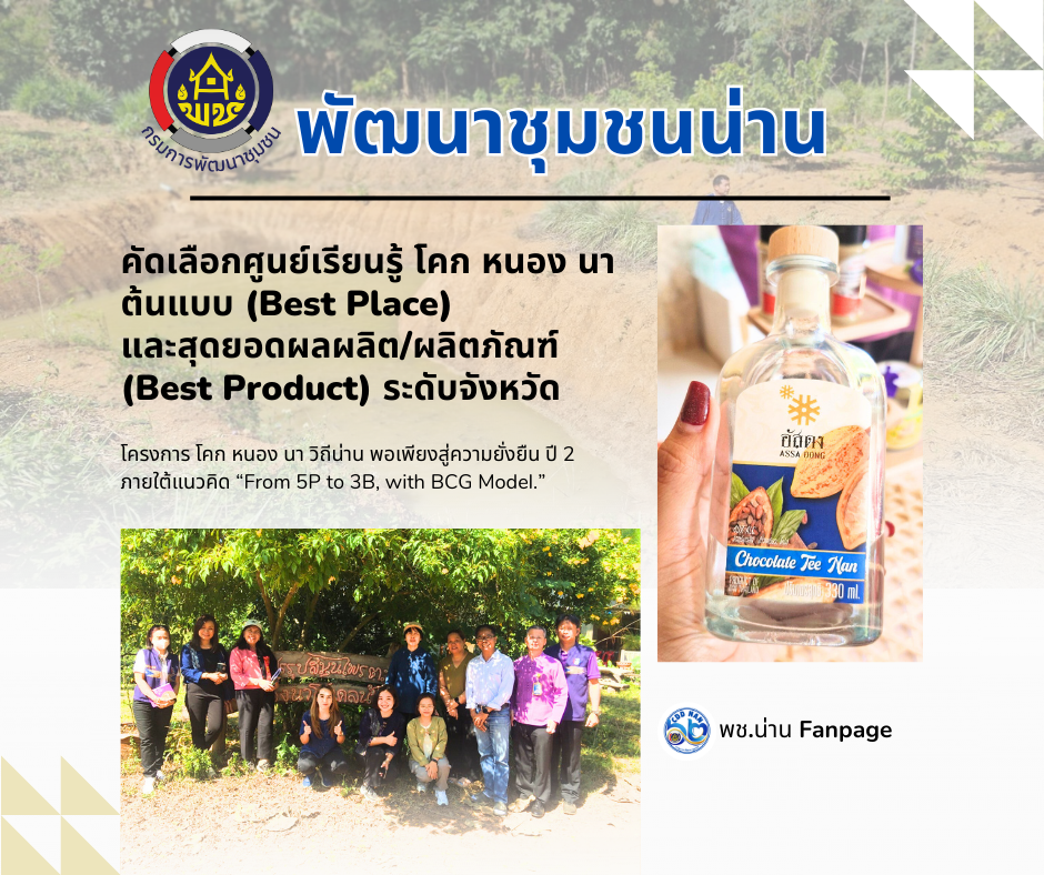 (#)สร้างสรรค์ชุมชน คนพช.น่าน(#) พช.น่าน คัดเลือกศูนย์เรียนรู้ โคก หนอง นา ต้นแบบ (Best Place)  และสุดยอดผลผลิต/ผลิตภัณฑ์ (Best Product) ระดับจังหวัด